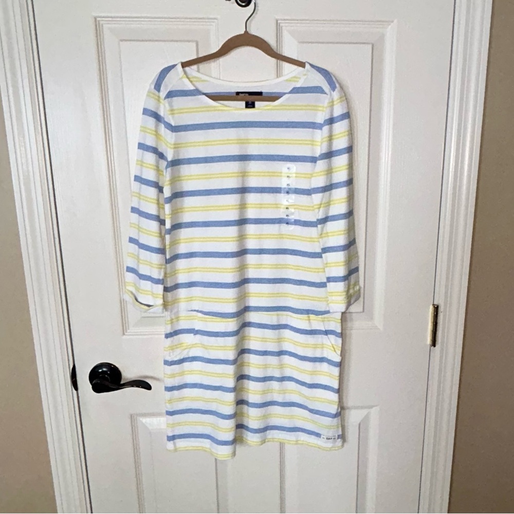 Gap Striped Cotton Dress in White, Light Blue & Lemon